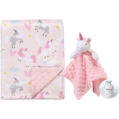 CREVENT Soft Cozy Baby Blankets for Boys Girls + Security Blanket, Set with A Gift Bag Newborn Essentials (Unicorn)