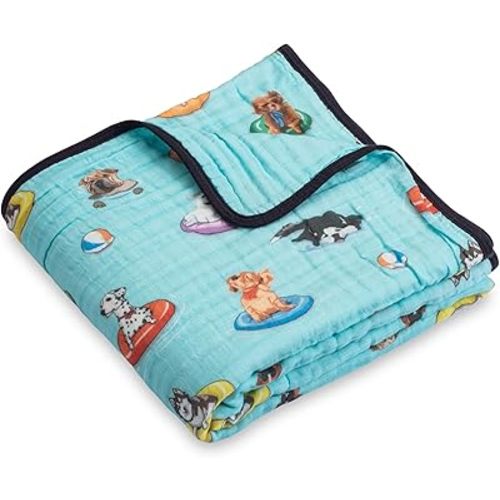 LollyBanks Muslin Blanket 100% Organic Cotton, Summer Muslin Quilt Lightweight, 6 Layers Baby Blankets 47"x 47", Toddler Blanket for Boy and Girl, Nursery Receiving Blankets (Swimming Dogs Print)