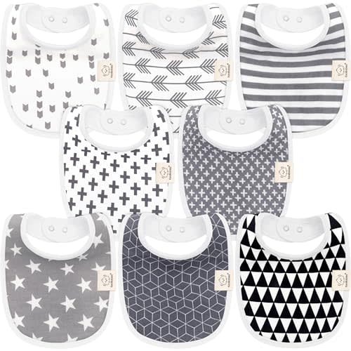 8-Pack Organic Baby Bibs for Boys, Girls - Soft Cotton Drooling and Teething Baby Bibs, Baby Girl Bibs, Baby Boy Bibs, Baby Drool Bibs for Baby Girl, Boy, Newborn Infant Bibs (Grayscale)