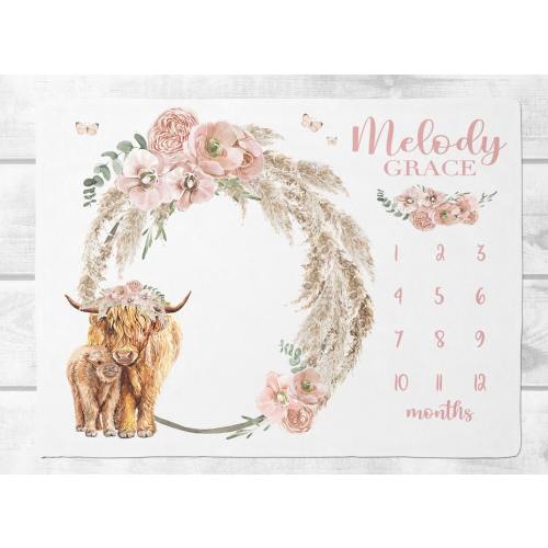 Baby Girl Highland Cow Milestone Blanket, Boho Floral Highland Cow Baby Milestone Blanket,Highland cow Blanket, Month Baby Blanket, SM542