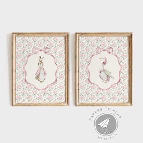 Vintage Bunny Art, Classic Children Bunny Illustration, Storybook Animal Art, Vintage Floral Art, Antiqe Pink Bow, Grandmillennial Nursery