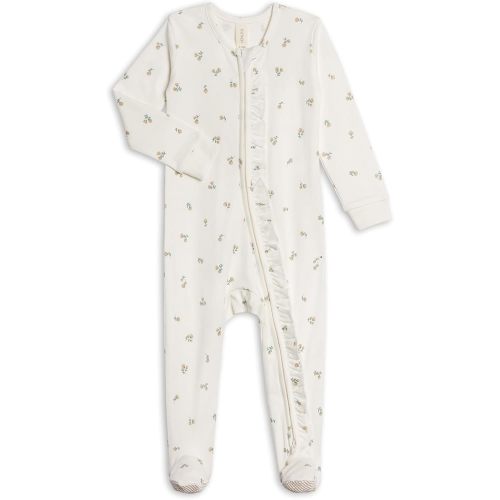 Colored Organics Baby Zip-Up Footed Sleeper with 2-Way Zipper - Newborn Organic Cotton Pajamas - Neve Ruffle Zipper Sleeper - Palmer Floral/Dune + Laguna Ruffle - NB