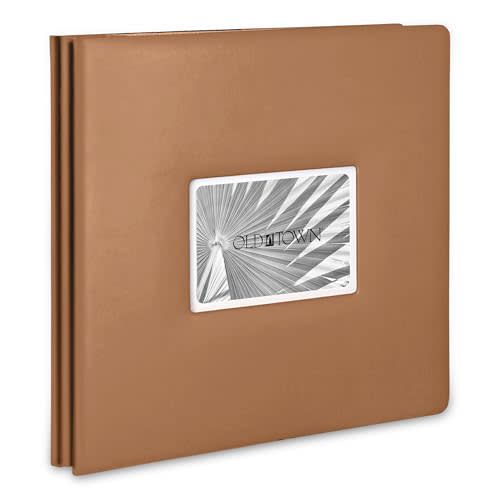 Old Town Bonded Leather Photo Album, Large Leather Scrapbook, Expandable Scrapbook Album 12x12 Double-Sided White Paper Pages and Optically Clear Pockets, Faux Suede Lining, Caramel