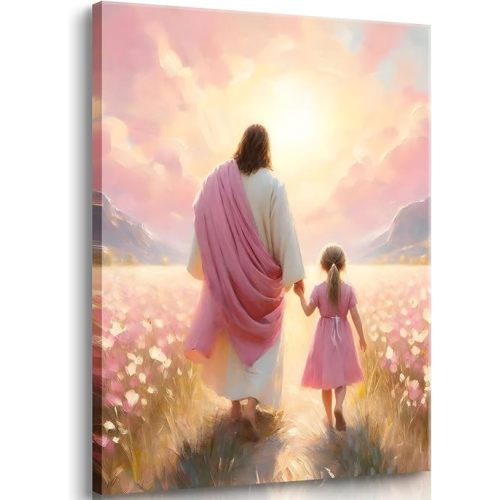 Jesus Walking with Girl Canvas Wall Art Christian The Way He Leads Wall Decor Picture I will walk with Christ Poster Print Religious God Artwork for Baby Girl Kids Prayer Room Decor 16x24in canvas