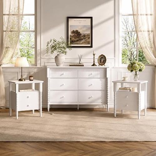 JOINICE White Nightstand and Dresser Sets for Bedroom, Jenny Lind Spindle