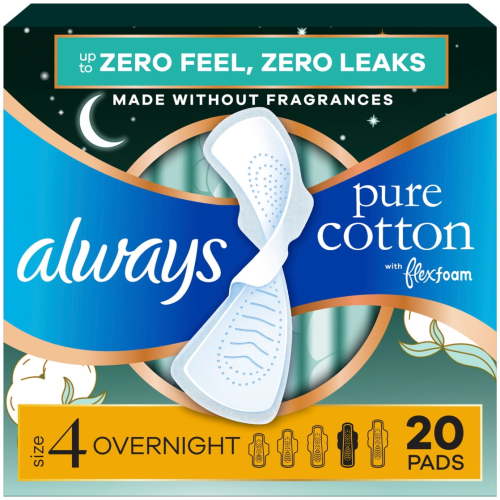 Always Pure Cotton Feminine Pads, Size 4, Overnight, Wings, Unscented, 20 Count