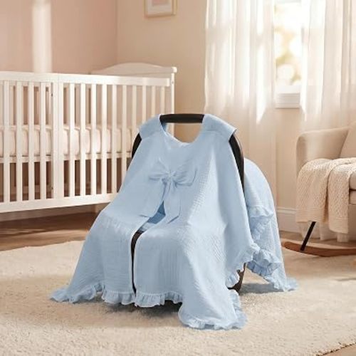 Tegeme Baby Car Seat Cover Canopy with Bow for Boys Girls, Blue