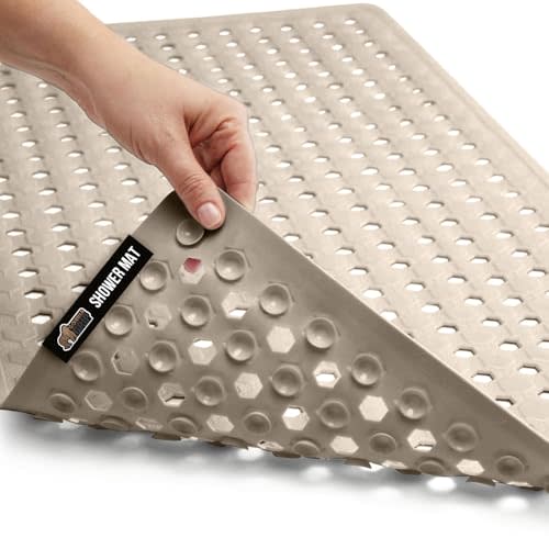 GORILLA GRIP Patented Bath Tub Shower Mat, Machine Washable Bathtub Floor Liner Mats, Suction Cups and Drain Holes to Keep Tubs Clean, Soft on Feet, Bathroom Essentials, 35x16 Inch, Beige