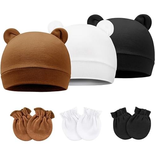 BQUBO Newborn Baby Hats Mittens Set Hospital Hat Beanie Bear Ears Preemie Infant Cotton Caps Gloves for Boys Girls 0-3 Months