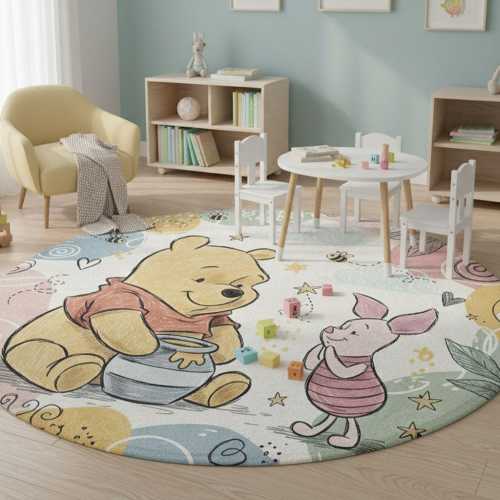 Round children's rug with Winnie the Pooh & Piglet, baby room rug in pastel colors, play rug for girls, cute rug with Pooh Bear motif