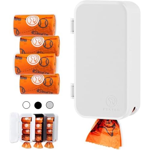 PEXTER Dog Poop Bag Dispenser - Outdoor or Indoor Pet Waste Bag Dispenser Station - Stick-On or Screw-On Wall Mount - Poop Bags Storage Outdoor Container - Includes 4 Doggie Bag Rolls (White)