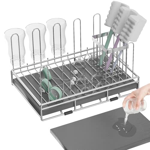 Baby Bottle Drying Rack Organizer Stainless Steel Large Countertop Glass Water Bottle Dryer Holder with Diatomite Stone Quick Dry Easy Clean and Brush Holder