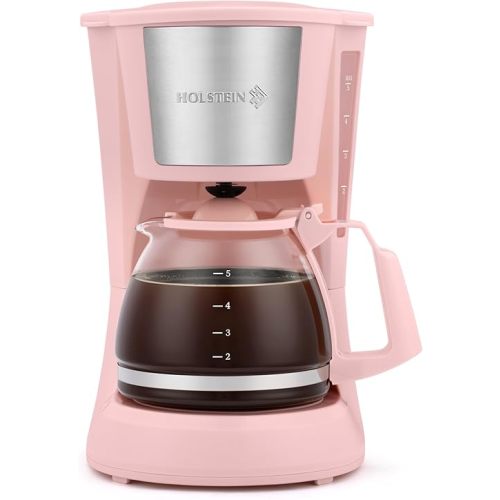 Holstein Housewares 5 Cup Drip Coffee Maker – Compact and User-Friendly with Auto Pause & Serve, Reusable Filter, Measuring Spoon & Glass Carafe, Office & Dorm Use, Pink
