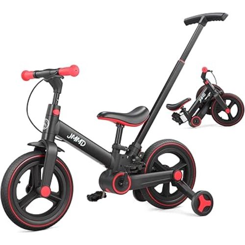 JMMD Toddler Bike with Push Handle for Kids 18-60 Months, 6 in 1 Foldable Push Bike with Training Wheels, Pedals, Brakes, Kickstand, Kid Balance Bike Gift & Toys for Boy & Girl