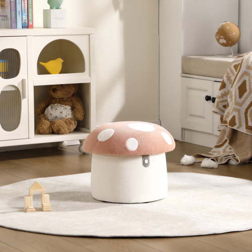 Guyou Cute Kids Storage Stool, Mushroom Shaped Upholstered Kids Reading Chair with Storage, Faux Fur Toddler Chair, Children's Shoe Changing Stool for Playroom Kindergarten Bedroom, Pink