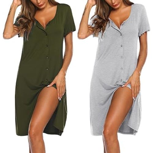 Ekouaer 2 Pack Nightgowns for Women Button Down Night Shirts Short Sleeve Sleep Shirts V Neck Sleepwear Pajama Dress