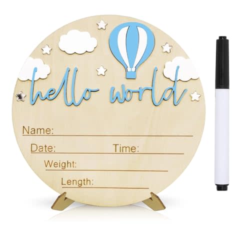 Baby Announcement Sign, 5.9 Inch Wooden Hello World Newborn Signs, Birth Announcement Sign and Pen, Hot Air Balloon and White Cloud Decoration, Welcome Newborn Arrival to World (Blue+Pen,Stand)