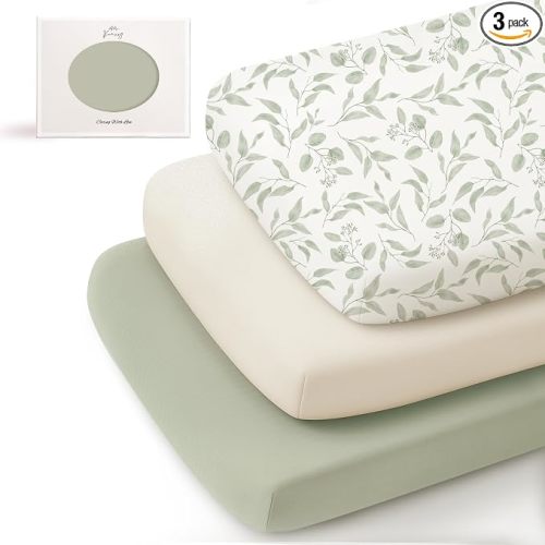 Konssy 3 Pack Stretchy Bassinet Sheets for Baby Girl Boy, Soft Breathable Baby Bassinet Mattress Sheets Fit for Hourglass Oval Cradle, Moses Basket Rectangle Mattress (Green Leaves)