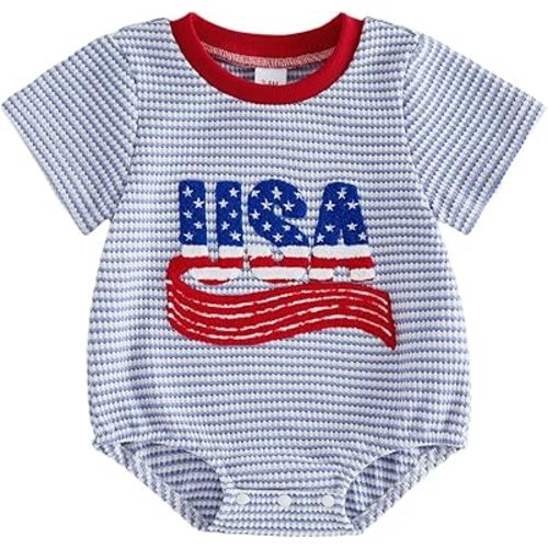 Baby Boy 4th Of July Outfit Memorial Day Onesie Waffle Bubble Romper Newborn Infant Cute Summer Patriotic Clothes