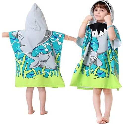 Athaelay Wearable Hooded Towel for Kids Toddlers Bath Pool Beach Boy Girl Swim Poncho Cover-ups, Shark Theme with Bag
