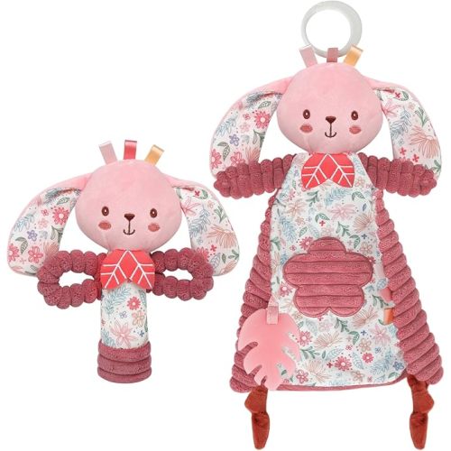 Baby Lovey Rabbit Stuffed Animal for Infant Boys and Girls, Security Blanket and Hand Shaker Set Newborn Stuffed Hanging Animal Plush Snuggle Toy Baby Showers Thank you Gifts Easter Basket Stuffers