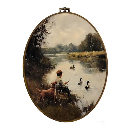 dvhdajed Mallard Duck Boy Fishing Oval Wall Art Decor,Rustic Farmhouse Duck Hunting Framed Canvas Art,Country Dog and Boy Nature Aesthetic Wall Hanging Decor for Boys Room Bedroom Bathroom,8.7x11.3