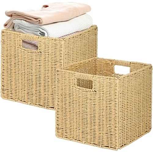 Collapsible Storage Basket 2 Pieces, Shelf Organizer with Insert Handle, 12 * 12 * 12 Inch Hand Woven Seagrass Basket, Suitable for Bedroom Storage and Other Scenarios