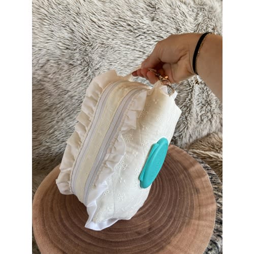 Customized White Lace Diaper + Wipe Pouch w/ White Ruffles, Baby Shower Gift, Car and Stroller Diaper Bag