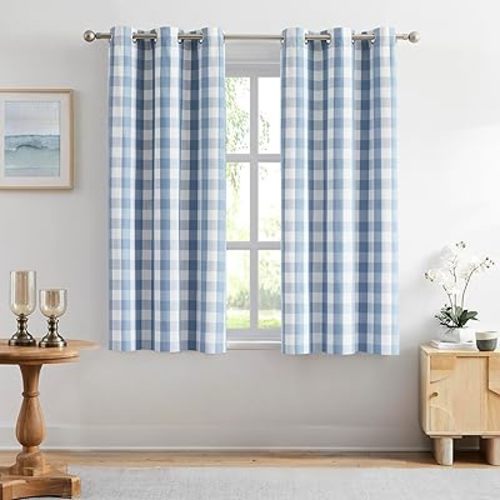 Amzdecor Buffalo Check Plaid Full Blackout Window Curtains 63 Inches Long for Bedroom Noise Reducing Total Room Darkening Grommet Drapes,Vintage Farmhouse Window Treatment,2 Panels,40"x63",Blue White