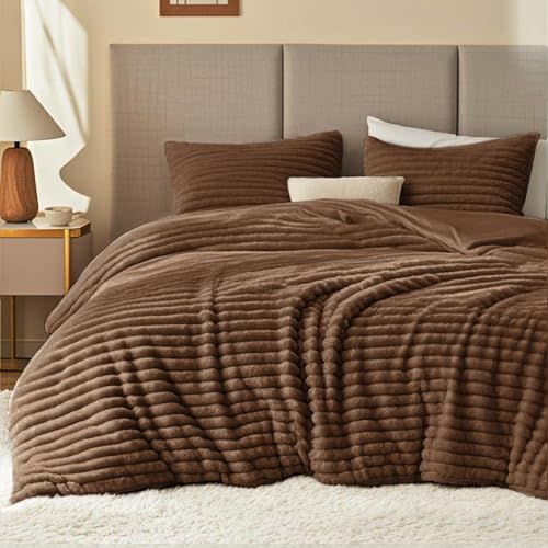 EXQ Home Fluffy Comforter Set King Size - Super Soft Faux Fur Stripe Jacquard Comforter 3 Pieces, Taupe Brown Fleece Bedding Set,Winter Warm Bed Set,1 Comforter with 2 Pillowcases