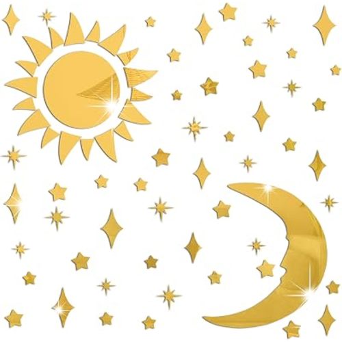 Amaonm Removable 3D Acrylic Mirror Surface Crystal Moon and Stars Wall Decal DIY Home Art Decor Wall Sticker Murals for Kids Boys and Girls Bedroom Room Ceiling Bathroom TV Background (Gold)
