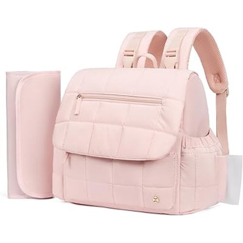 Telena Diaper Bag Mini Diaper Backpack with Changing Pad, Puffer Baby Travel Bag with Insulated Pockets, Stroller Straps, Pink