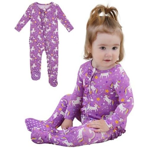 Bamboo Viscose Baby Girl Footie Pajamas, Newborn Sleepers Infant Onesie, 2-Way Zipper Footed Pjs