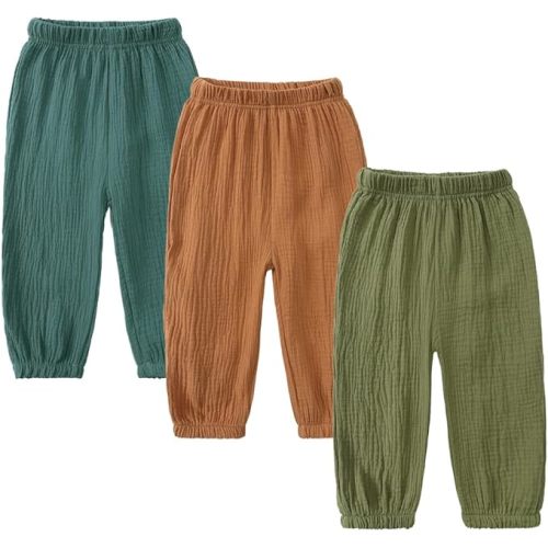 Kids Tales 3 Pack Boys Girls Cotton Linen Pants Child Basic Plain Solid Trousers Big Kids Elastic Waist Long Pants Bloomers