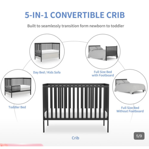 Goldzone Baby Crib, 5-In-1 Full Size Convertibl Toddler Bed With Natural Pinewood For Small Baby Newborn Nursery Furniture