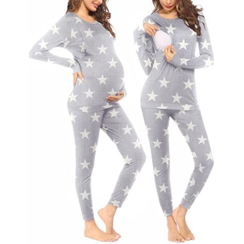 Ekouaer Nursing Pajama Set Long Sleeve Maternity Clothes Labor Pregnancy Pjs Breastfeeding Thermal Underwear Sleepwear