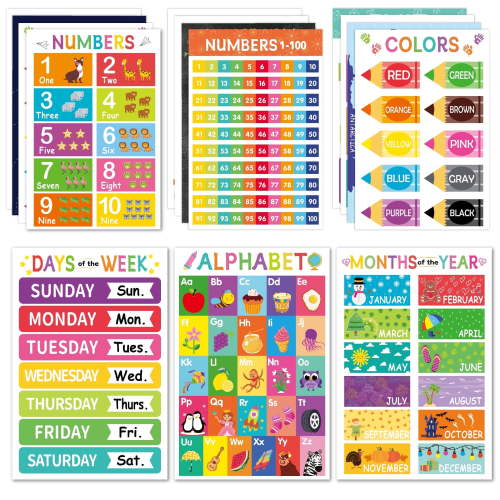 18 Pack Educational Posters for Kids 11" x 16.5", Preschool & Kindergarten Learning Charts for Classroom Decor, Alphabet Numbers Colors Shapes Emotions Time Maps, Reusable Waterproof Wall Set