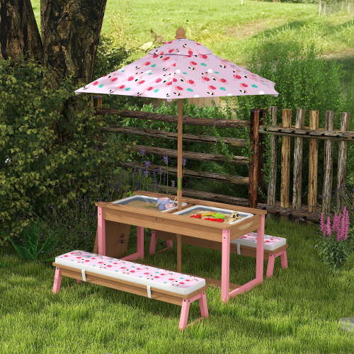 Qaba Kids Picnic Table, Wooden Table and Bench Set with Foldable Umbrella, Removable Cushions & Boxes, Flamingo Theme for Patio, Pink