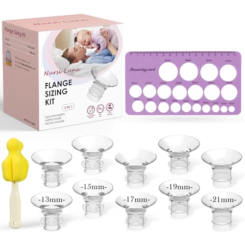Flange Sizing Kit 3 in 1 Ultimate with 10PCS Flange Inserts 13/15/17/19/21mm & Nipple Ruler & Cleaning Brush, Silicone Flange Insert Kit for 24mm Most Pumps, Breast Pump Replacement Accessories