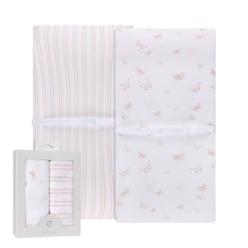 Ely’s & Co. Changing Pad Cover, Diaper Changing Table Sheets, 2 Pack, Cradle Sheet Set for Baby Girls, 100% Jersey Knit Cotton, 32”x16”x5” Pink Butterfly + Stripe Collection