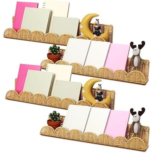 Pinkunn 4 Pcs Nursery Book Shelves 23.6 Inch Rattan Scalloped Floating Bookshelves Wicker Boho Book Shelf for Wall Mounted Decor Nursery Rooms Hanging