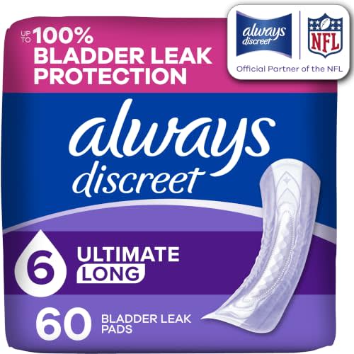 Always Discreet Adult Incontinence Pads for Women, Drier, 6 Drop Long Length, Extra Heavy Absorbency, Pads for Bladder Control Management, Bladder Leaks, & Postpartum Pads, 60ct