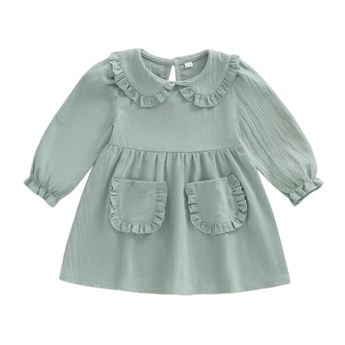 VISGOGO Toddler Baby Girl Dress Linen Long Sleeve Solid Color Girls 12 18M 2T 3T 4T 5T Dresses with Pocket for Spring Summer