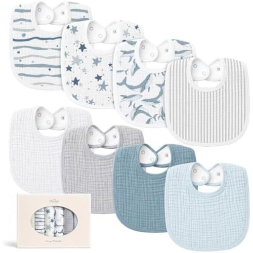 Konssy 8-Pack Muslin Baby Bibs, Adjustable Fit for Drooling and Teething