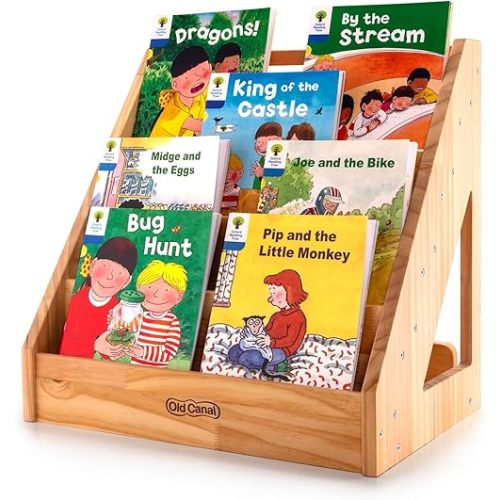 Old Canal Montessori Bookshelf, Kids Bookshelf and Toy Storage Organizer with Deep Sleeves, Toddler Book Shelves with Handle & Anti-Tilting Design, 5-Tier Pine Book Shelf for Kids Rooms, Nursery