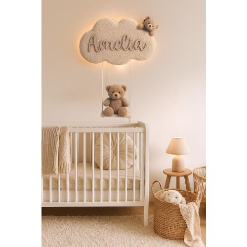 Nursery Wall light -  battery operated 12v back lit led-Boucle cloud with a peeping and swinging bear soft wall decor for nursery/kids room.