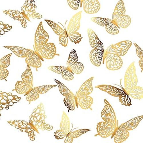 3D Gold Butterfly Wall Decor 3 Sizes 4 Styles Butterfly Party Decorations Cake Decorations Removable Stickers Wall Decor Room Mural Metallic Kids (Gold, 48Pcs)