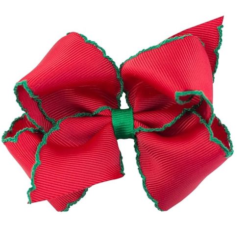 Wee Ones Girls' Classic Grosgrain Moonstitch Edge Hair Bow, No-Slip Hair Clip, Handmade, Red with Green, Small
