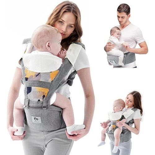 Baby Carrier, Bellababy Multifunction Baby Carrier Hip Seat (Ergonomic M Position) for 3-36 Month Baby, 6-in-1 Ways to Carry, All Seasons, Adjustable Size, Perfect for Shopping Travelling (Grey)