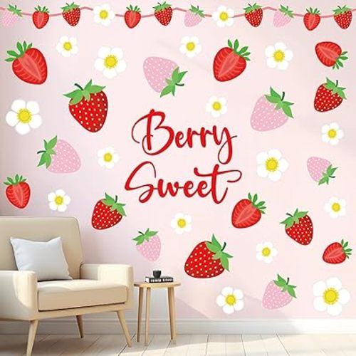 JarThenaAMCS Strawberry Daisy Wall Stickers Berry Sweet Wall Decals Room Mural Stickers for Party Home Bedroom Nursery One Birthday Party Decor, 7.9 x 11.8 Inch, 9 Sheets